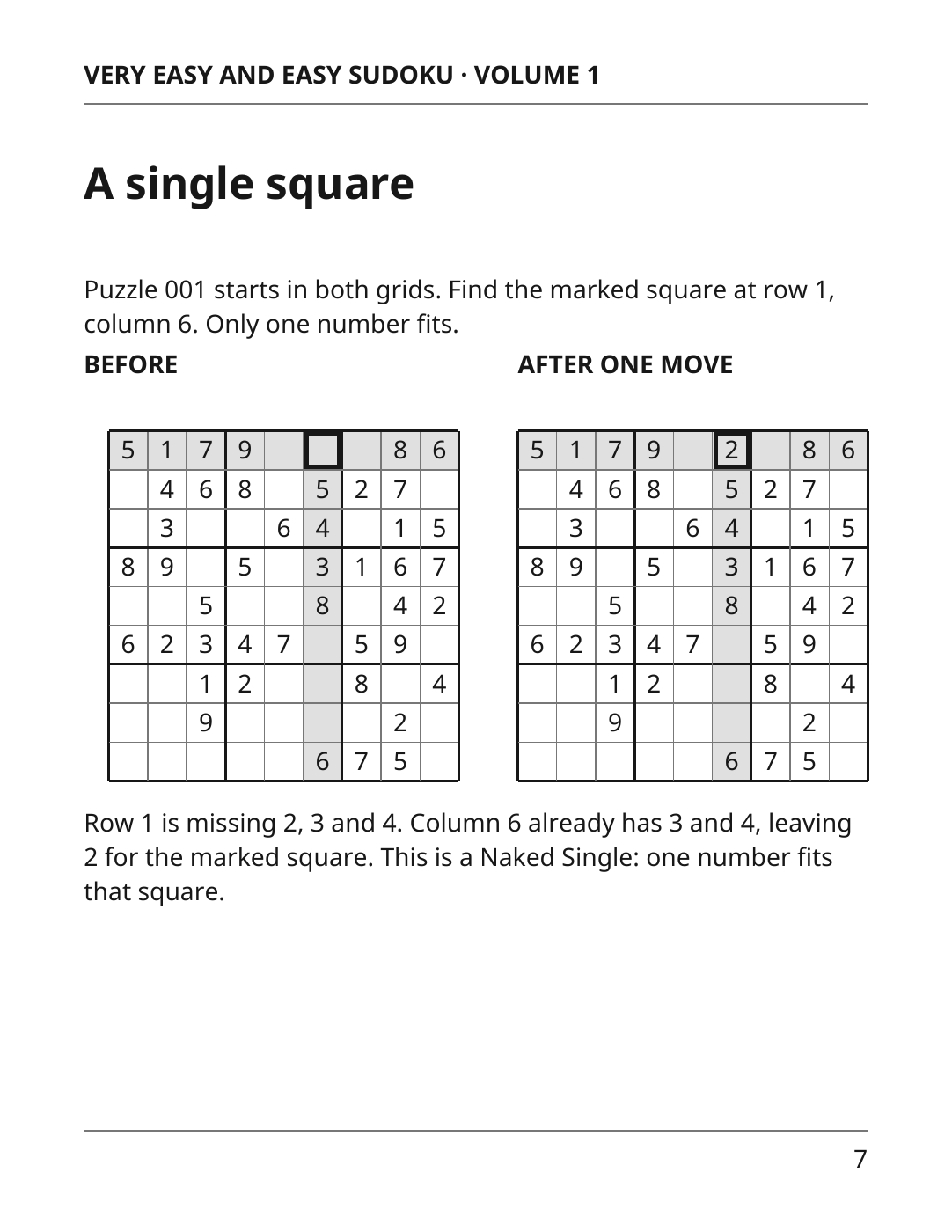 Page 7 of Volume 1 showing a worked Naked Single lesson using Puzzle 001