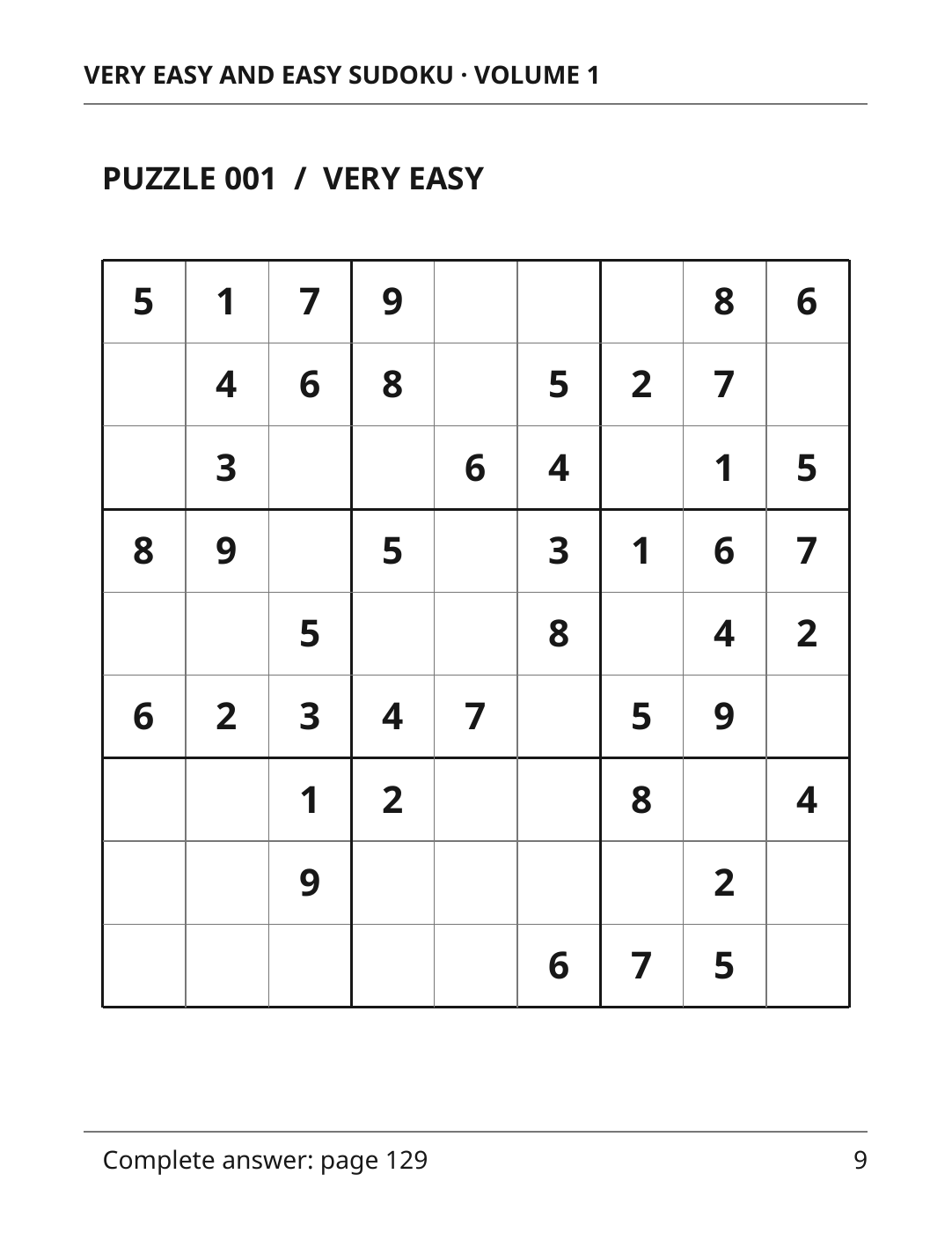 Page 9 of Volume 1 showing the large-print Puzzle 001 grid