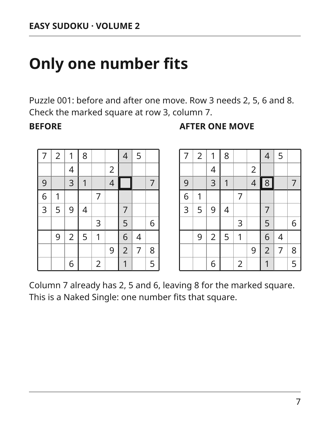 Page 7 of Volume 2 showing a worked Sudoku opening lesson