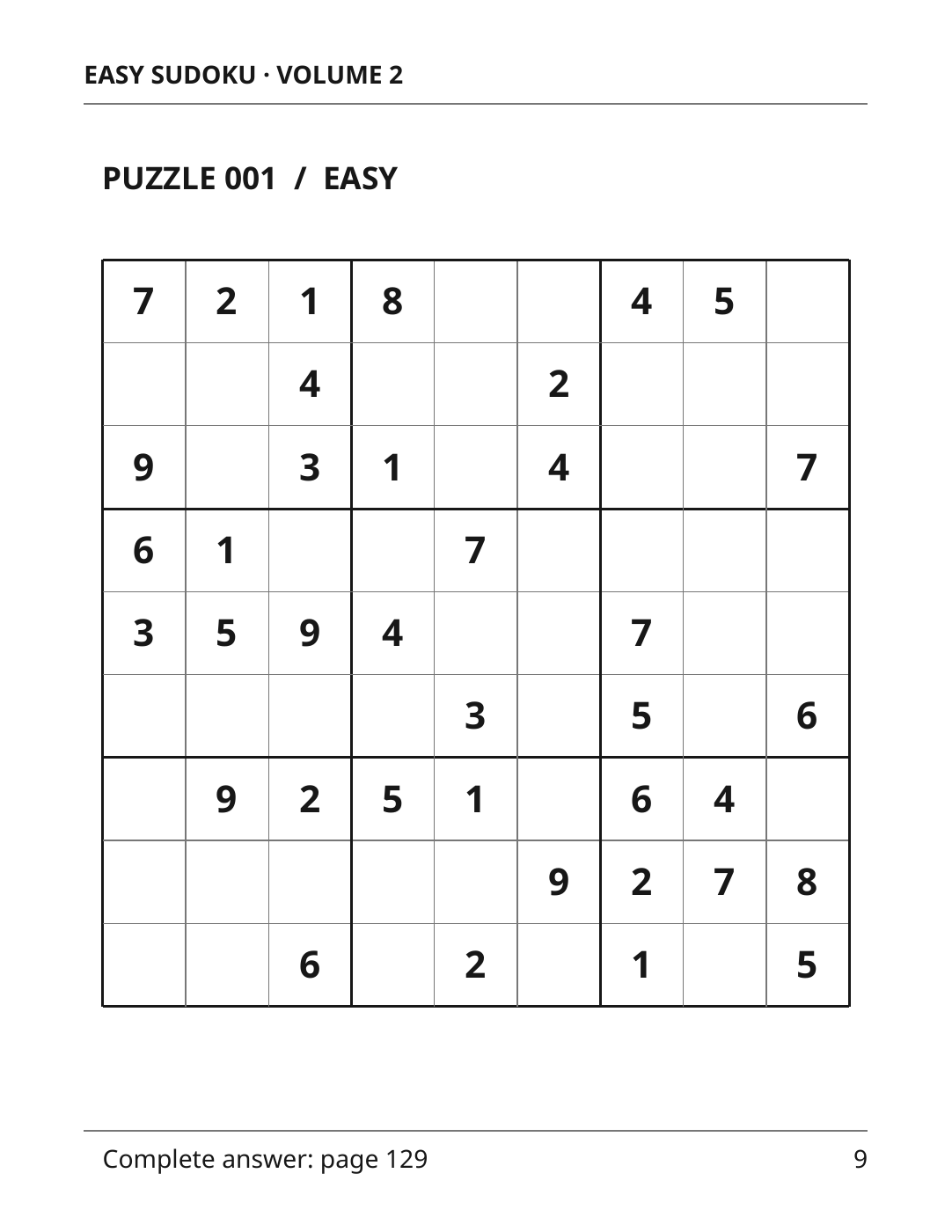 Page 9 of Volume 2 showing the large-print Puzzle 001 grid